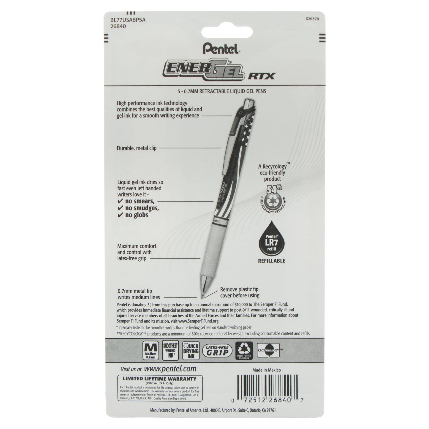 EnerGel RTX Retractable Liquid Gel Pen, Flag Barrel, (0.7mm) Metal Tip, Medium Line, Black Ink, 5-Pk (BL77USABP5A)