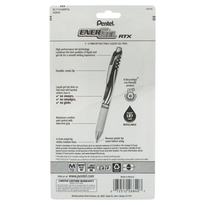 EnerGel RTX Retractable Liquid Gel Pen, Flag Barrel, (0.7mm) Metal Tip, Medium Line, Black Ink, 5-Pk (BL77USABP5A)