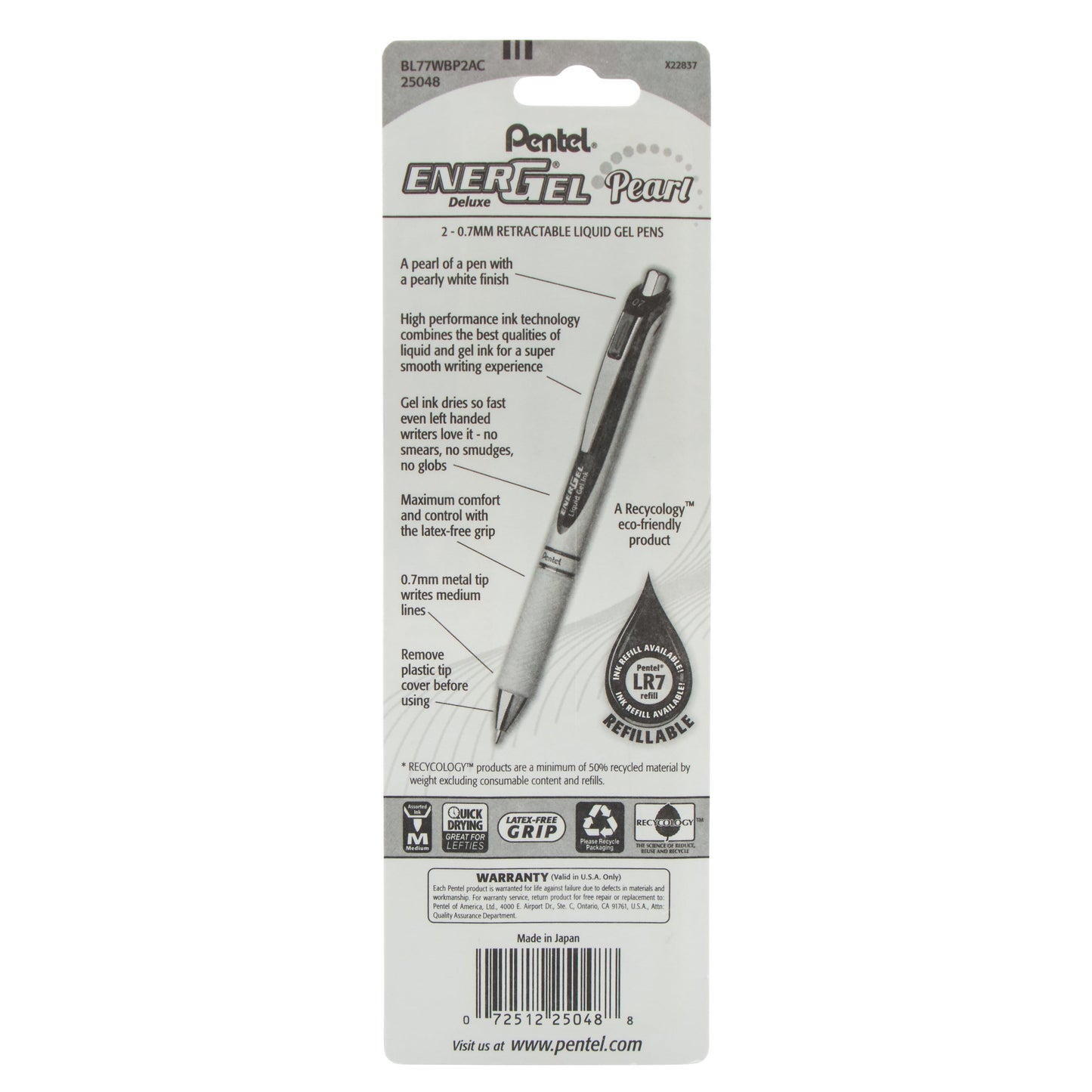 EnerGel Pearl Retractable Liquid Gel Pen, (0.7mm) Metal Tip, Medium Line, Black Ink/Blue Ink 2-Pk (BL77WBP2AC)
