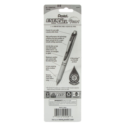 EnerGel Pearl Retractable Liquid Gel Pen, (0.7mm) Metal Tip, Medium Line, Black Ink/Blue Ink 2-Pk (BL77WBP2AC)