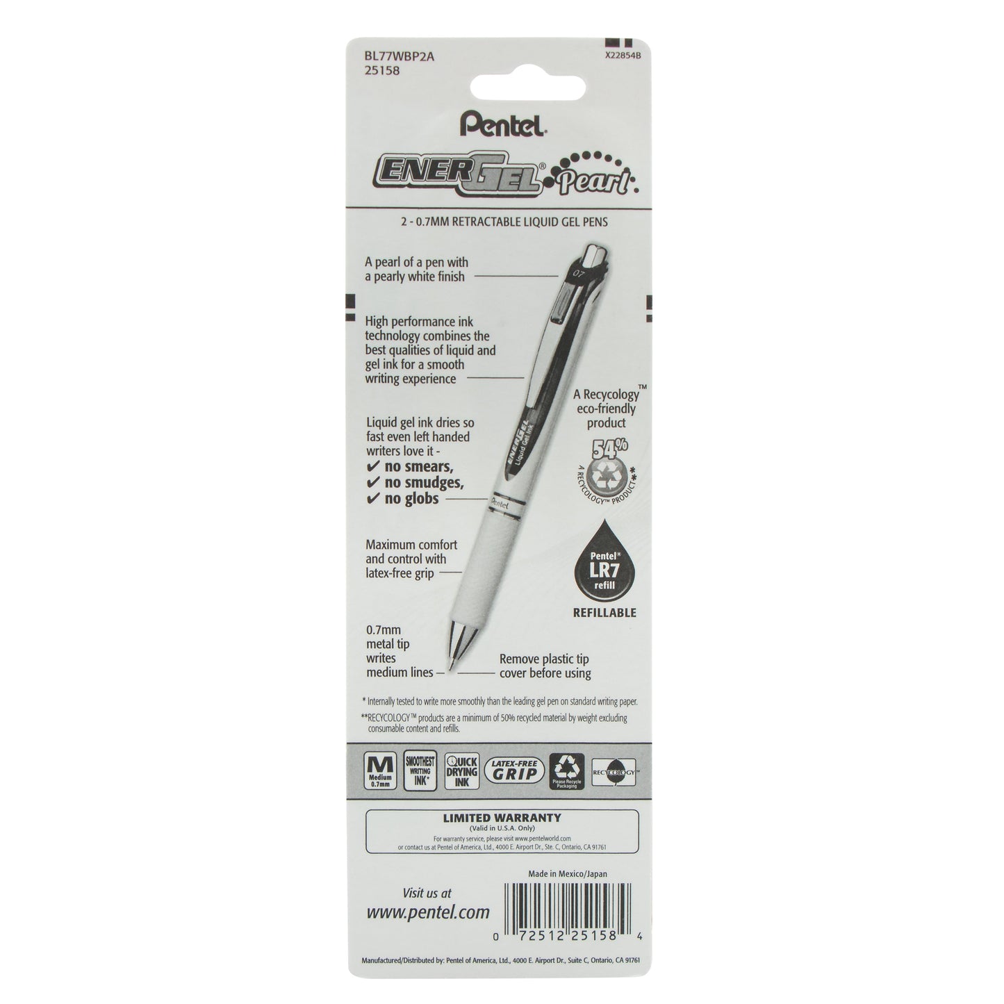 EnerGel Pearl Retractable Liquid Gel Pen, (0.7mm) Metal Tip, Medium Line, Black Accent, Black Ink 2-Pk (BL77WBP2A)
