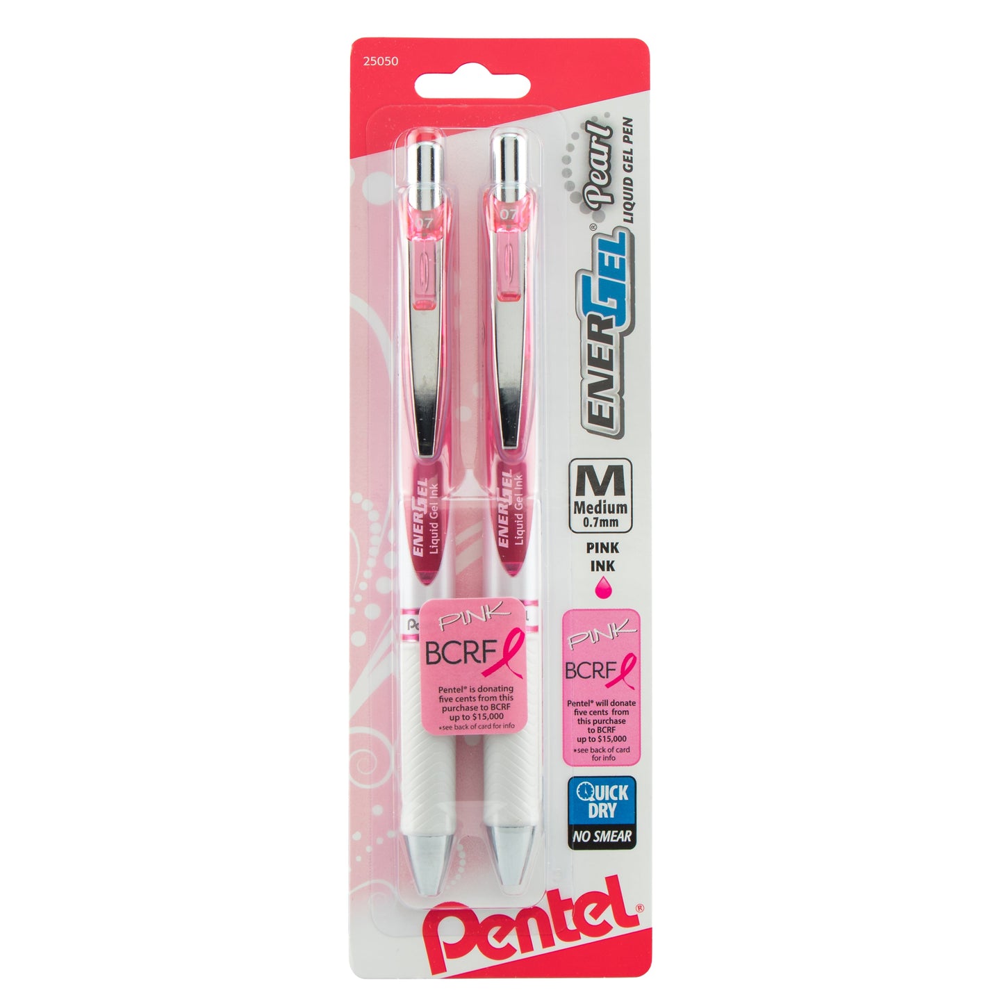 PINK BCA EnerGel Pearl Retractable Liquid Gel Pen, (0.7mm) Metal Tip, Medium Line, Pink Accent, Pink Ink 2-Pk (BL77WBP2PP)
