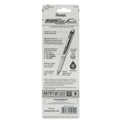 PINK BCA EnerGel Pearl Retractable Liquid Gel Pen, (0.7mm) Metal Tip, Medium Line, Pink Accent, Pink Ink 2-Pk (BL77WBP2PP)