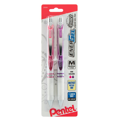 EnerGel Pearl Retractable Liquid Gel Pen, (0.7mm) Metal Tip, Medium Line, Pink Ink/Violet Ink 2-Pk (BL77WBP2PV)