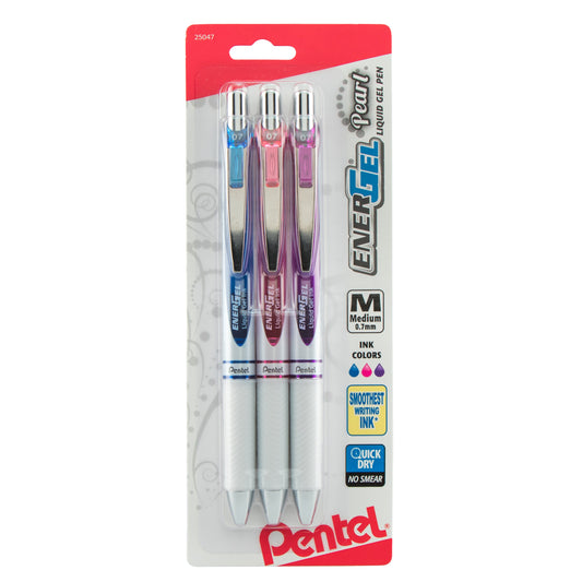 EnerGel Pearl Retractable Liquid Gel Pen, (0.7mm) Metal Tip, Medium Line,, Assorted Ink (C/P/V), 3-Pk (BL77WBP3M1)