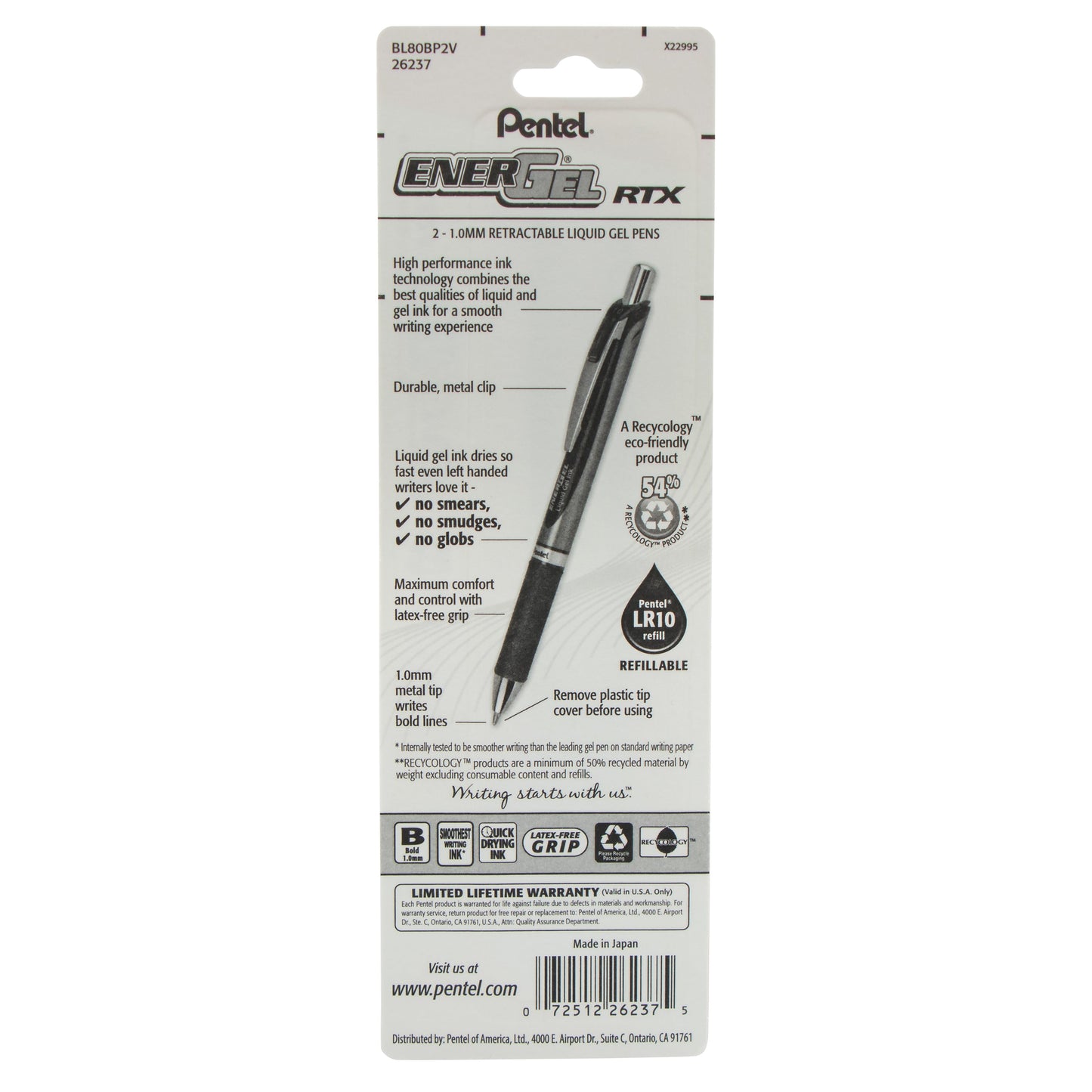 EnerGel RTX Retractable Liquid Gel Pen, (1.0mm) Metal Tip, Bold Line, Violet Ink 2-Pk (BL80BP2V)