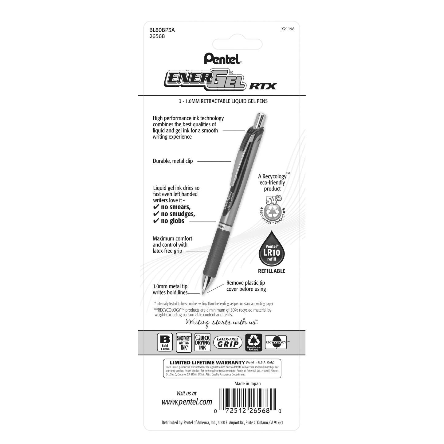 EnerGel RTX Retractable Liquid Gel Pen, (1.0mm) Metal Tip, Bold Line, Black Ink 3-Pk (BL80BP3A)