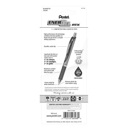 EnerGel RTX Retractable Liquid Gel Pen, (1.0mm) Metal Tip, Bold Line, Black Ink 3-Pk (BL80BP3A)