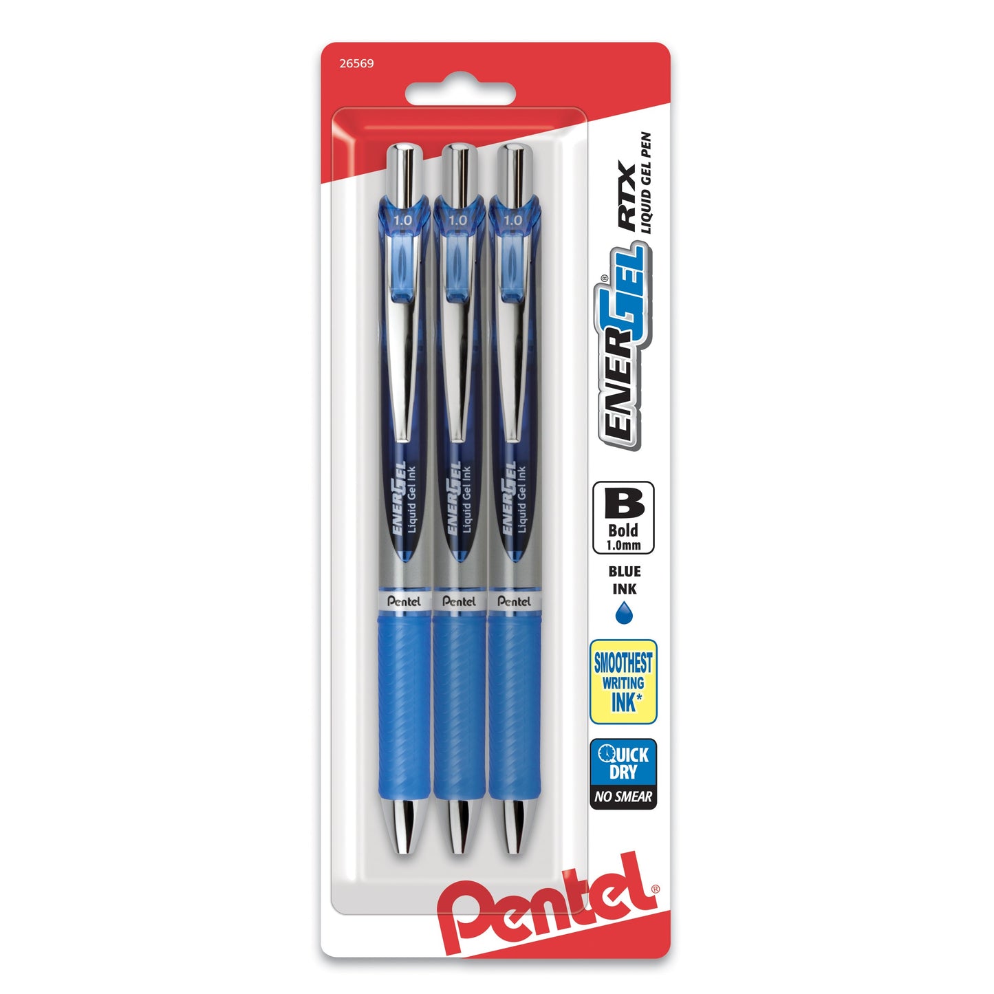 EnerGel RTX Retractable Liquid Gel Pen, (1.0mm) Metal Tip, Bold Line, Blue Ink 3-Pk (BL80BP3C)