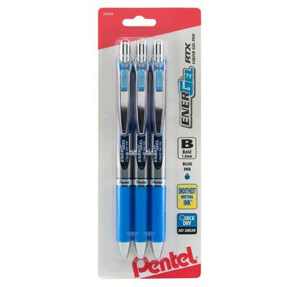 EnerGel RTX Retractable Liquid Gel Pen, (1.0mm) Metal Tip, Bold Line, Blue Ink 3-Pk (BL80BP3C)