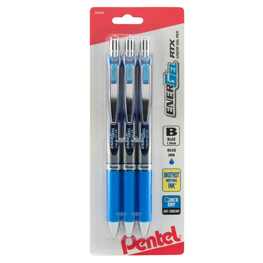 EnerGel RTX Retractable Liquid Gel Pen, (1.0mm) Metal Tip, Bold Line, Blue Ink 3-Pk (BL80BP3C)