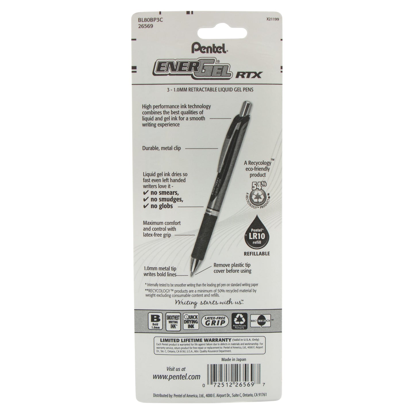 EnerGel RTX Retractable Liquid Gel Pen, (1.0mm) Metal Tip, Bold Line, Blue Ink 3-Pk (BL80BP3C)
