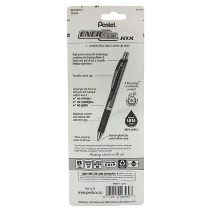 EnerGel RTX Retractable Liquid Gel Pen, (1.0mm) Metal Tip, Bold Line, Blue Ink 3-Pk (BL80BP3C)