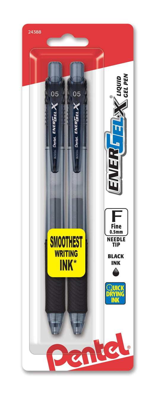 EnerGel-X Retractable Liquid Gel Pen, (0.5mm) Needle Tip, Fine Line, Black Ink 2-Pk (BLN105BP2A)