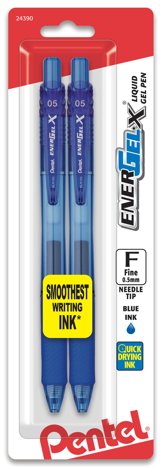 EnerGel-X Retractable Liquid Gel Pen, (0.5mm) Needle Tip, Fine Line, Blue Ink 2-Pk (BLN105BP2C)