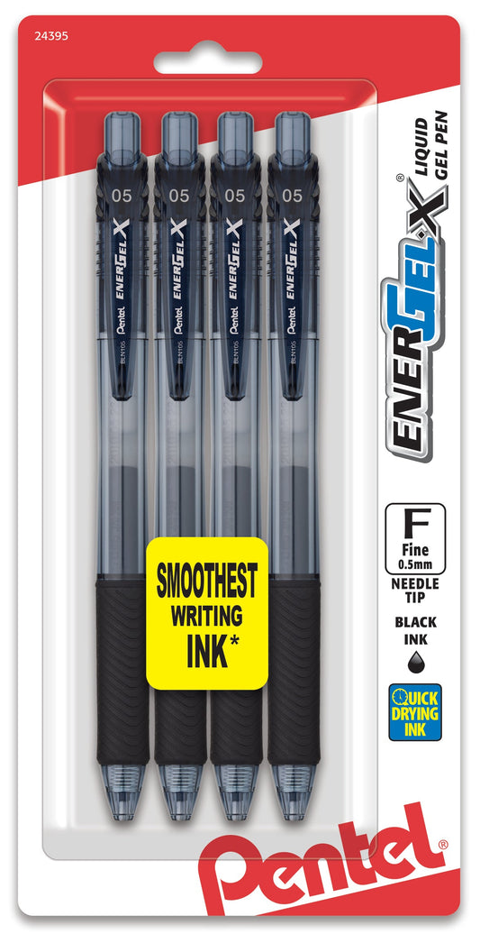 EnerGel-X Retractable Liquid Gel Pen, (0.5mm) Needle Tip, Fine Line, Black Ink 4-Pk (BLN105BP4A)