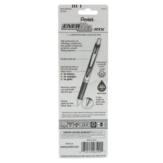 Pentel EnerGel RTX Retractable Liquid Gel Pen, (0.3mm) Needle Tip, Extra Fine Line, Black Ink, 2-Pk (BLN73BP2A), 144 Each