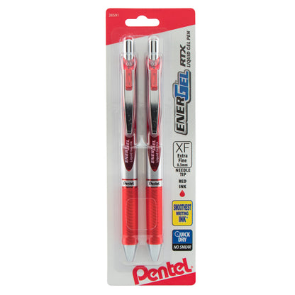 EnerGel RTX Retractable Liquid Gel Pen, (0.3mm) Needle Tip, Extra Fine Line, Red Ink, 2-Pk (BLN73BP2B)