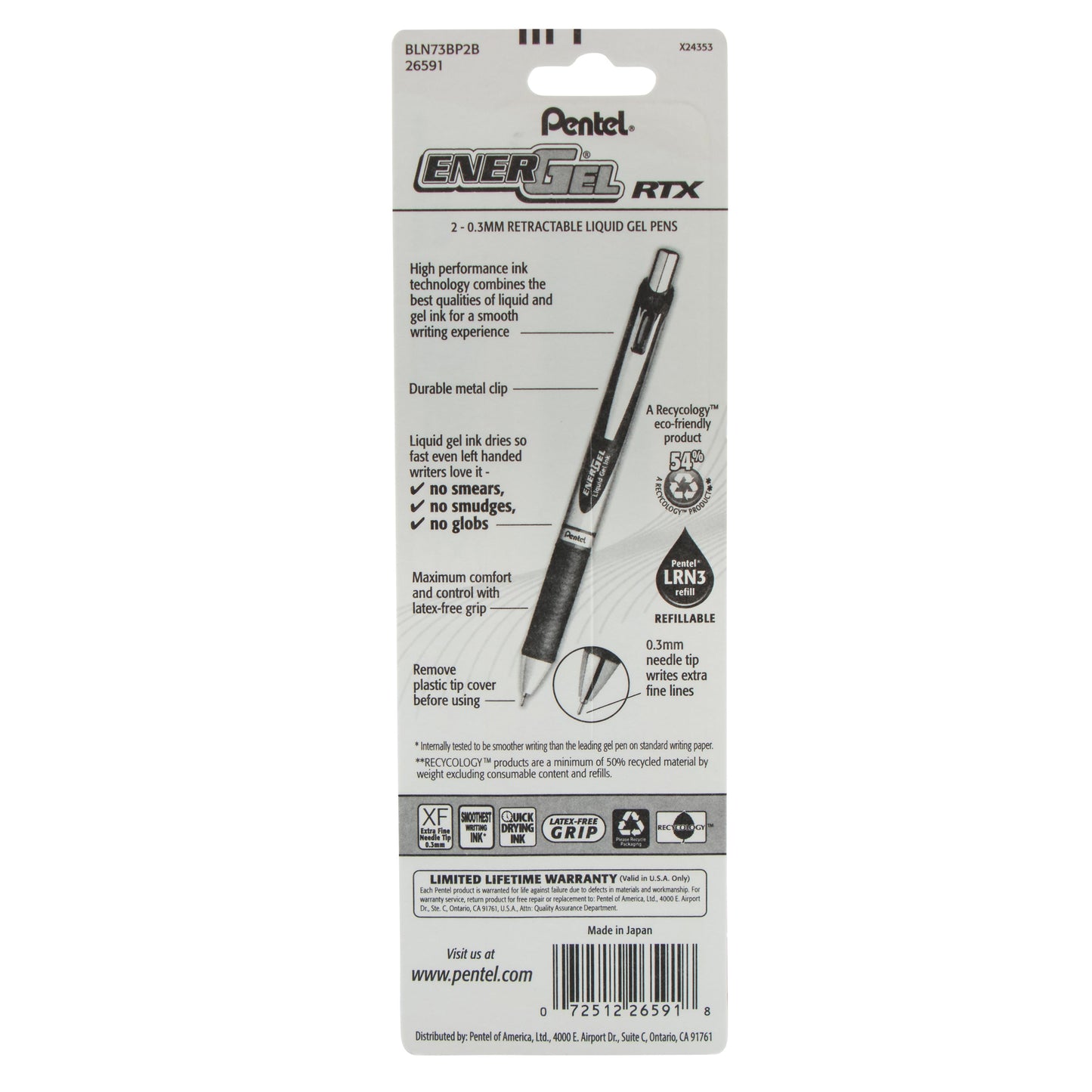 EnerGel RTX Retractable Liquid Gel Pen, (0.3mm) Needle Tip, Extra Fine Line, Red Ink, 2-Pk (BLN73BP2B)