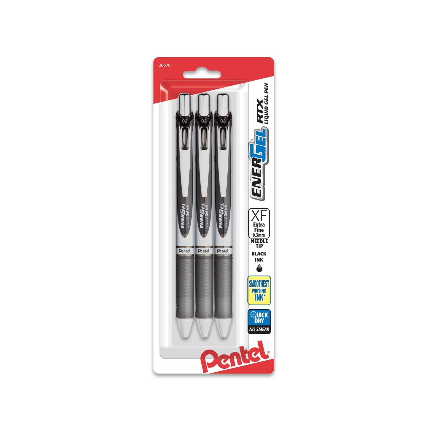 EnerGel RTX Retractable Liquid Gel Pen, (0.3mm) Needle Tip, Extra Fine Line, Black Ink, 3-Pk (BLN73BP3A)