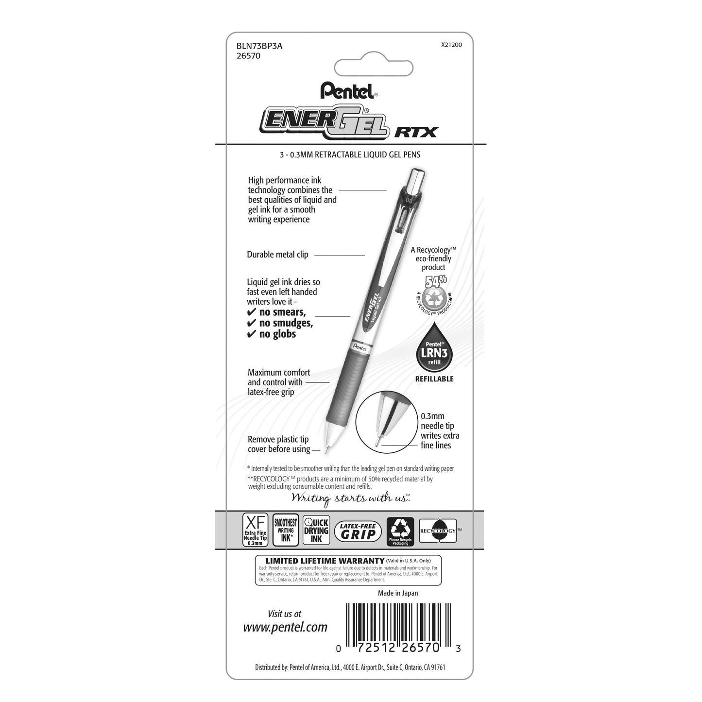 EnerGel RTX Retractable Liquid Gel Pen, (0.3mm) Needle Tip, Extra Fine Line, Black Ink, 3-Pk (BLN73BP3A)