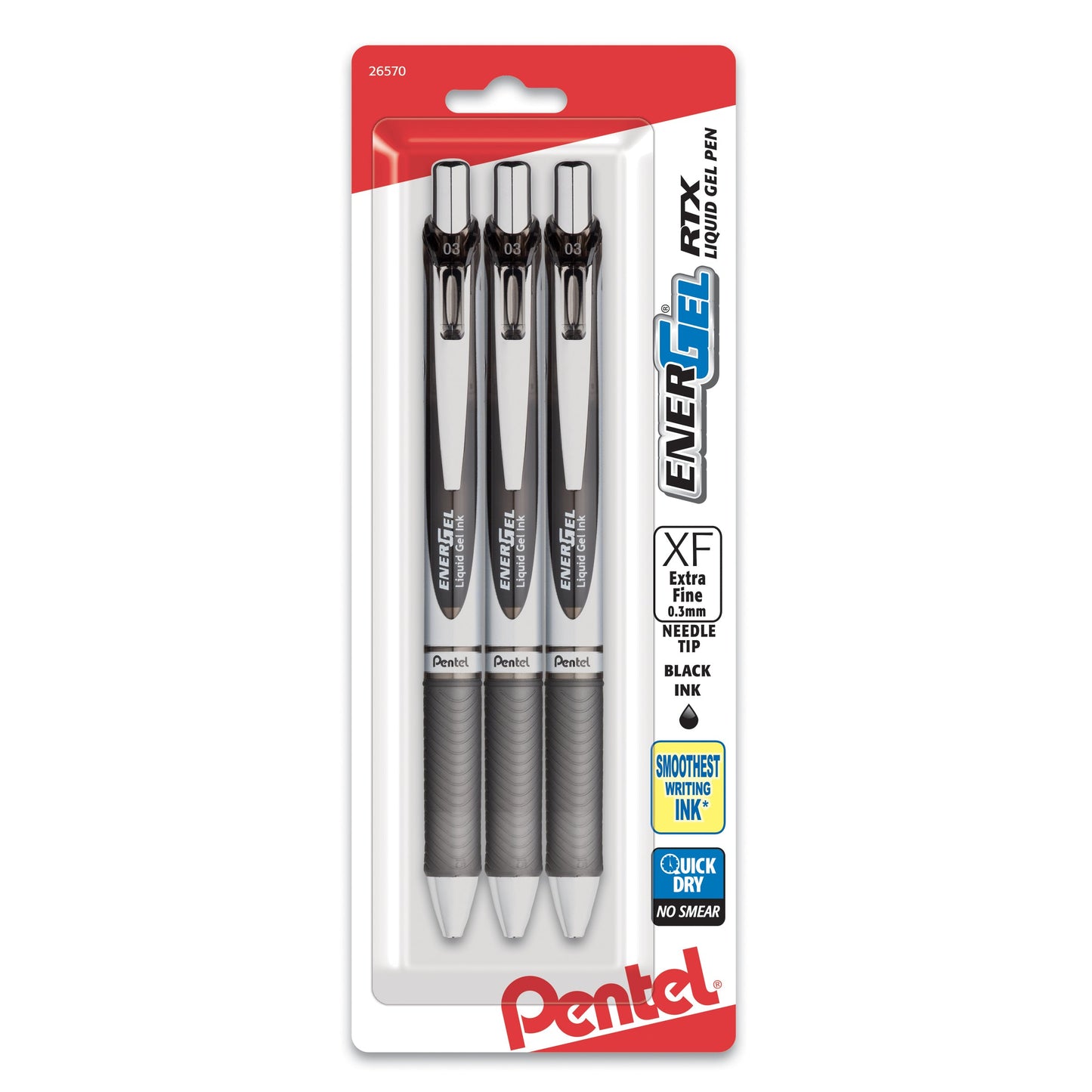 EnerGel RTX Retractable Liquid Gel Pen, (0.3mm) Needle Tip, Extra Fine Line, Black Ink, 3-Pk (BLN73BP3A)