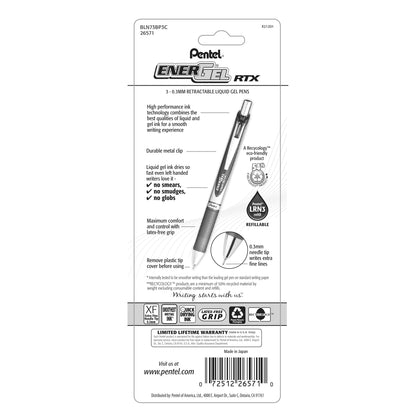 EnerGel RTX Retractable Liquid Gel Pen, (0.3mm) Needle Tip, Extra Fine Line, Blue Ink, 3-Pk (BLN73BP3C)
