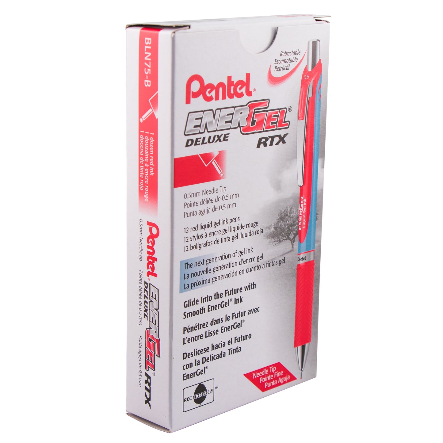 EnerGel RTX Retractable Liquid Gel Pen, (0.5mm) Needle Tip, Fine Line, Red Ink (BLN75-B)