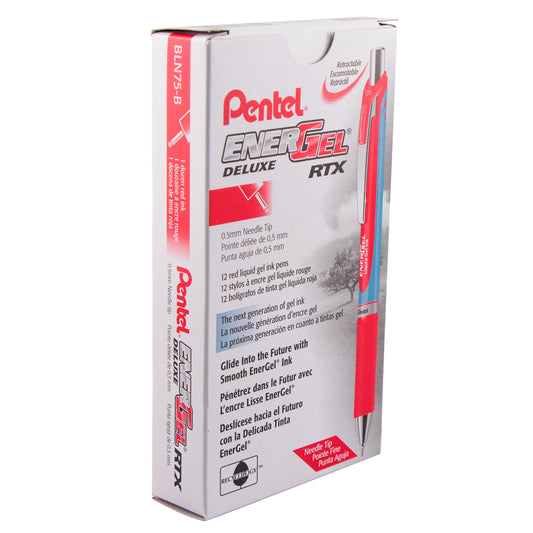 EnerGel RTX Retractable Liquid Gel Pen, (0.5mm) Needle Tip, Fine Line, Red Ink (BLN75-B)