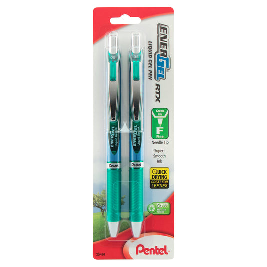 EnerGel RTX Retractable Liquid Gel Pen, (0.5mm) Needle Tip, Fine Line, Green Ink 2-Pk (BLN75BP2D)