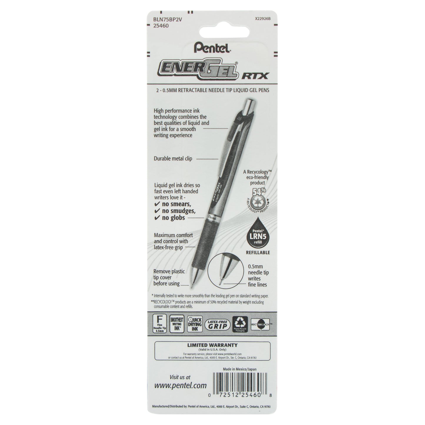 EnerGel RTX Retractable Liquid Gel Pen, (0.5mm) Needle Tip, Fine Line, Violet Ink 2-Pk (BLN75BP2V)