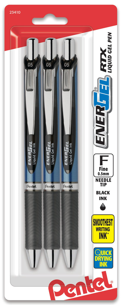 EnerGel RTX Retractable Liquid Gel Pen, (0.5mm) Needle Tip, Fine Line, Black Ink 3-Pk (BLN75BP3A)