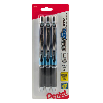 EnerGel RTX Retractable Liquid Gel Pen, (0.5mm) Needle Tip, Fine Line, Black Ink 3-Pk (BLN75BP3A)