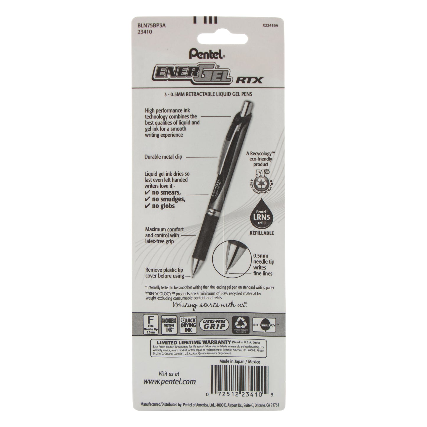 EnerGel RTX Retractable Liquid Gel Pen, (0.5mm) Needle Tip, Fine Line, Black Ink 3-Pk (BLN75BP3A)