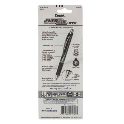 EnerGel RTX Retractable Liquid Gel Pen, (0.5mm) Needle Tip, Fine Line, Black Ink 3-Pk (BLN75BP3A)