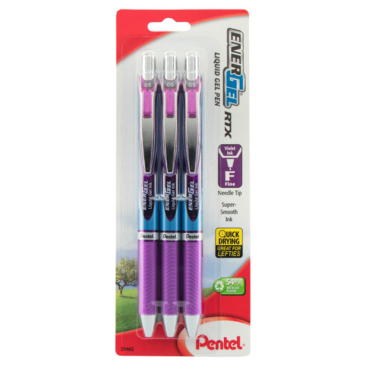 EnerGel RTX Retractable Liquid Gel Pen, (0.5mm) Needle Tip, Fine Line, Violet Ink 3-Pk (BLN75BP3V)