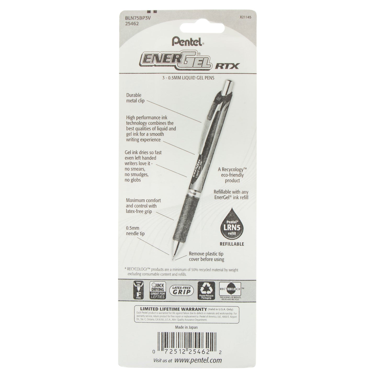 EnerGel RTX Retractable Liquid Gel Pen, (0.5mm) Needle Tip, Fine Line, Violet Ink 3-Pk (BLN75BP3V)