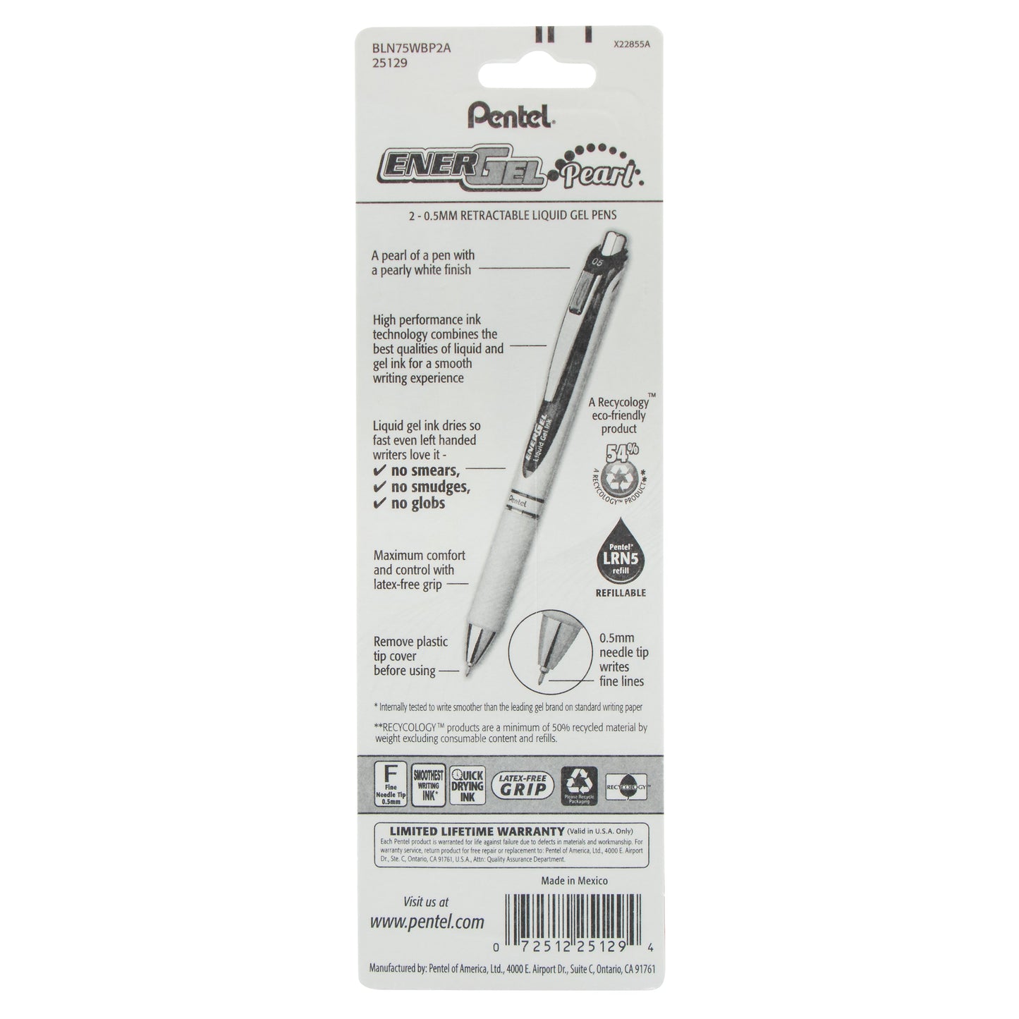 EnerGel Pearl Retractable (0.5mm) Needle Tip, Fine Line, Black Accent, Black Ink 2-Pk (BLN75WBP2A)