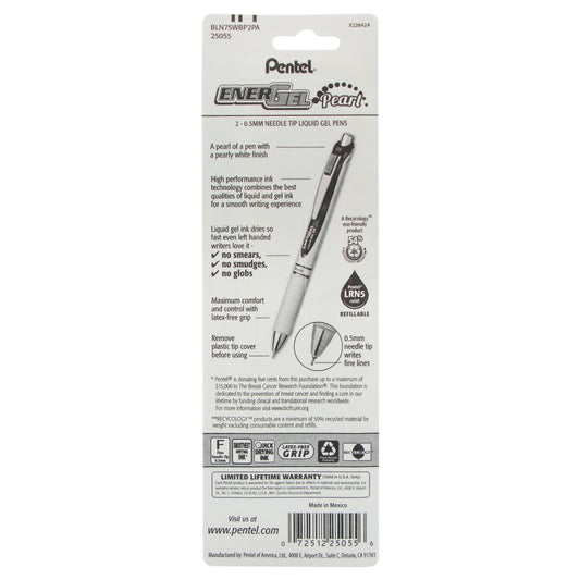Pentel PINK BCA EnerGel Pearl Retractable (0.5mm) Needle Tip, Fine Line, Pink Accent, Black Ink 2-Pk (BLN75WBP2PA), 144 Each