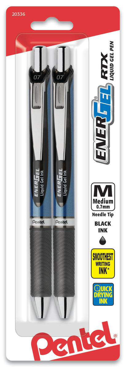 EnerGel RTX Retractable Liquid Gel Pen, (0.7mm) Needle Tip, Medium Line, Black Ink 2-Pk (BLN77BP2A)