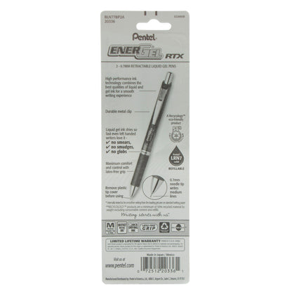 EnerGel RTX Retractable Liquid Gel Pen, (0.7mm) Needle Tip, Medium Line, Black Ink 2-Pk (BLN77BP2A)