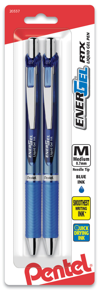 EnerGel RTX Retractable Liquid Gel Pen, (0.7mm) Needle Tip, Medium Line, Blue Ink 2-Pk (BLN77BP2C)