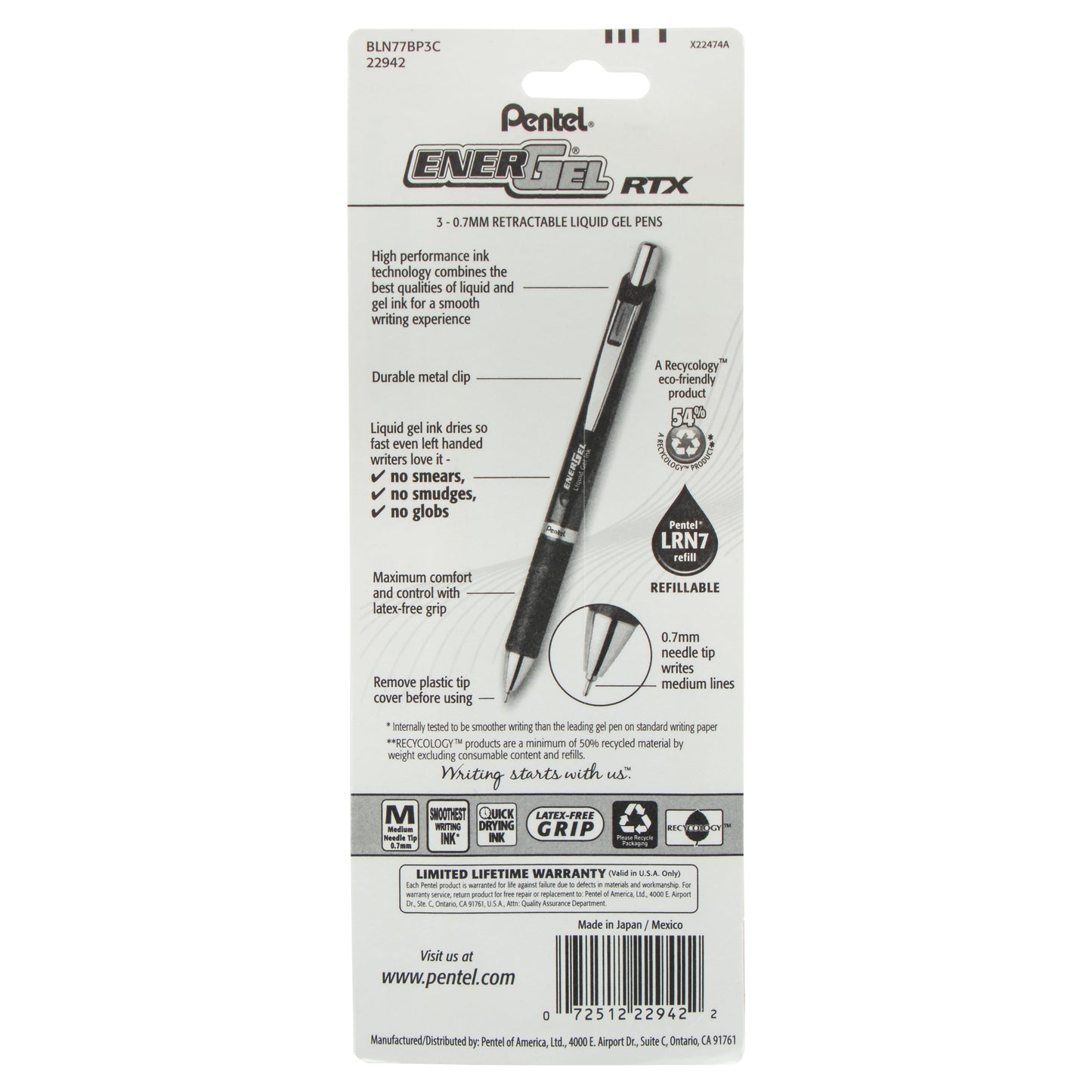 EnerGel RTX Retractable Liquid Gel Pen, (0.7mm) Needle Tip, Medium Line, Blue Ink 3-Pk (BLN77BP3C)