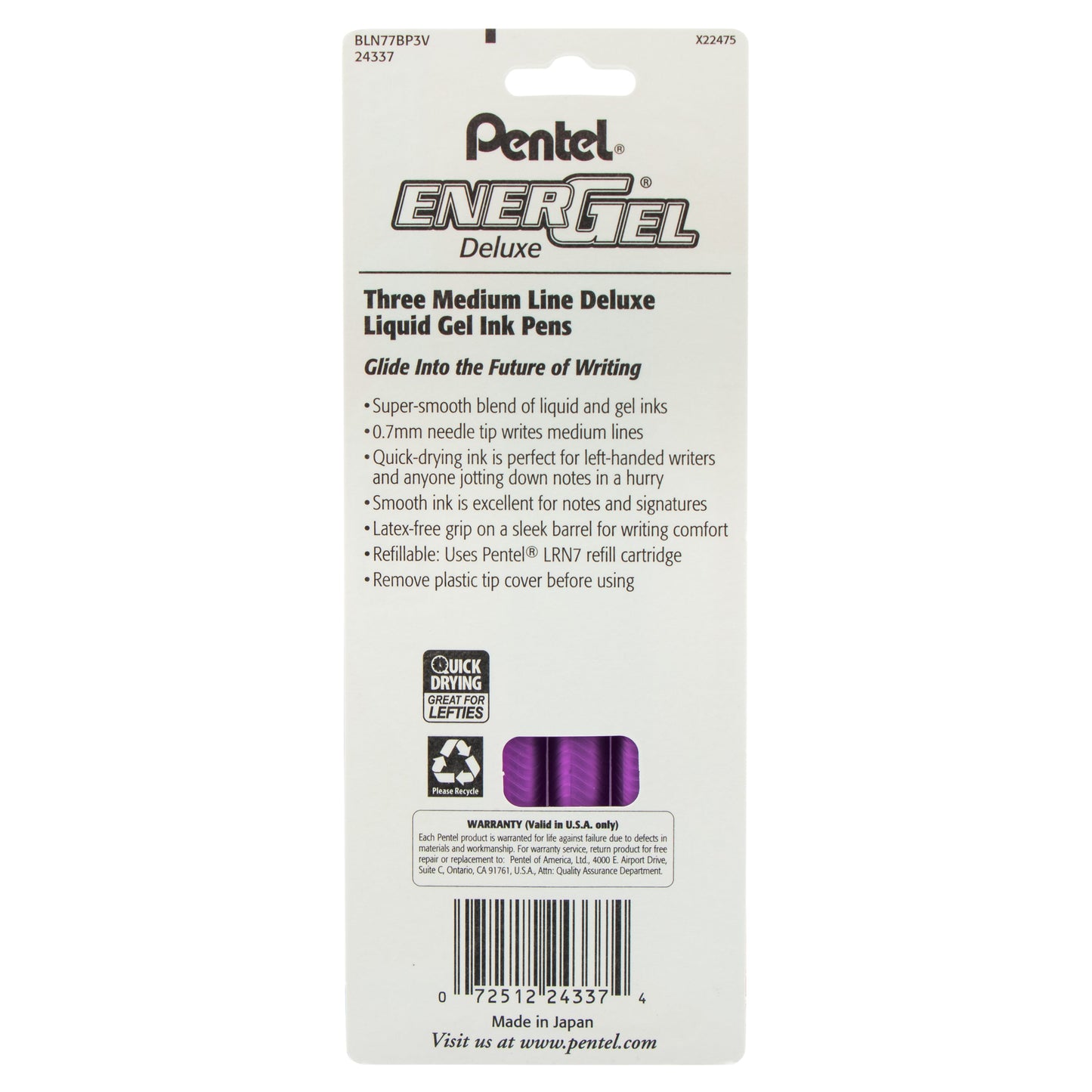 EnerGel RTX Retractable Liquid Gel Pen, (0.7mm) Needle Tip, Medium Line, Violet Ink 3-Pk (BLN77BP3V)