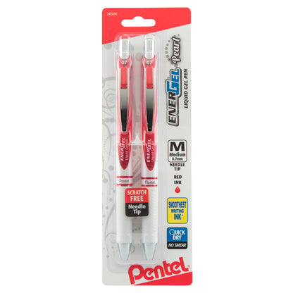 EnerGel Pearl Retractable Liquid Gel Pen, Needle Tip (0.7mm) Medium Line, Red Ink, 2-Pk (BLN77WBP2B)
