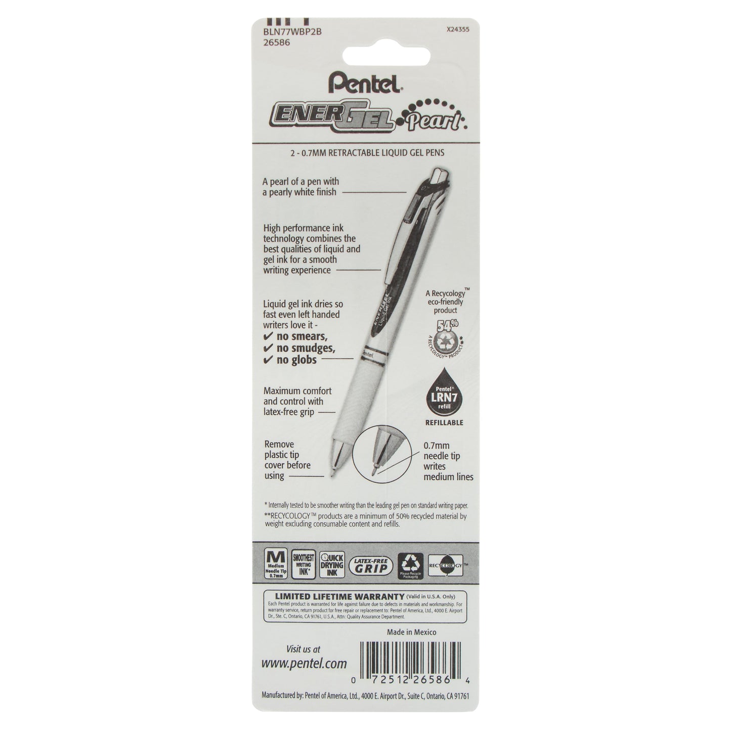 EnerGel Pearl Retractable Liquid Gel Pen, Needle Tip (0.7mm) Medium Line, Red Ink, 2-Pk (BLN77WBP2B)