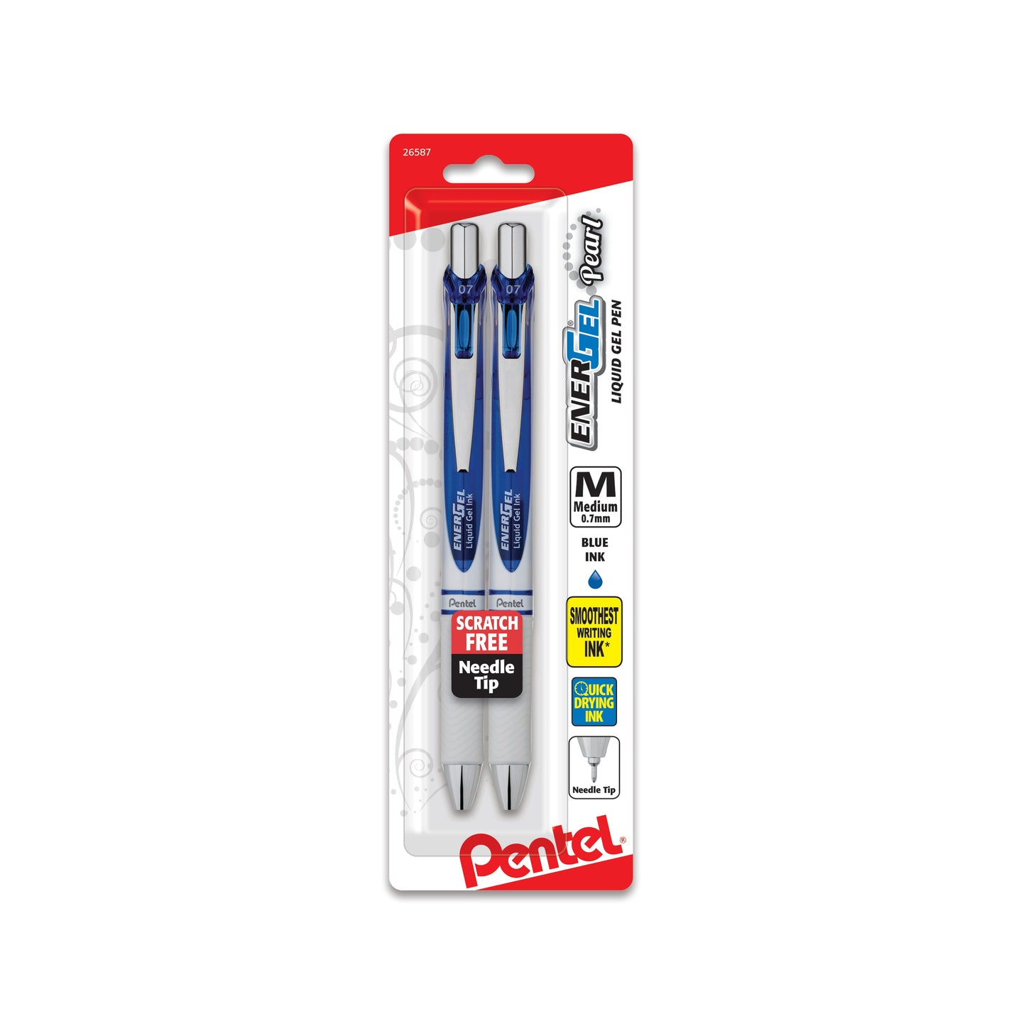 EnerGel Pearl Retractable Liquid Gel Pen, Needle Tip (0.7mm) Medium Line, Blue Ink, 2-Pk (BLN77WBP2C)