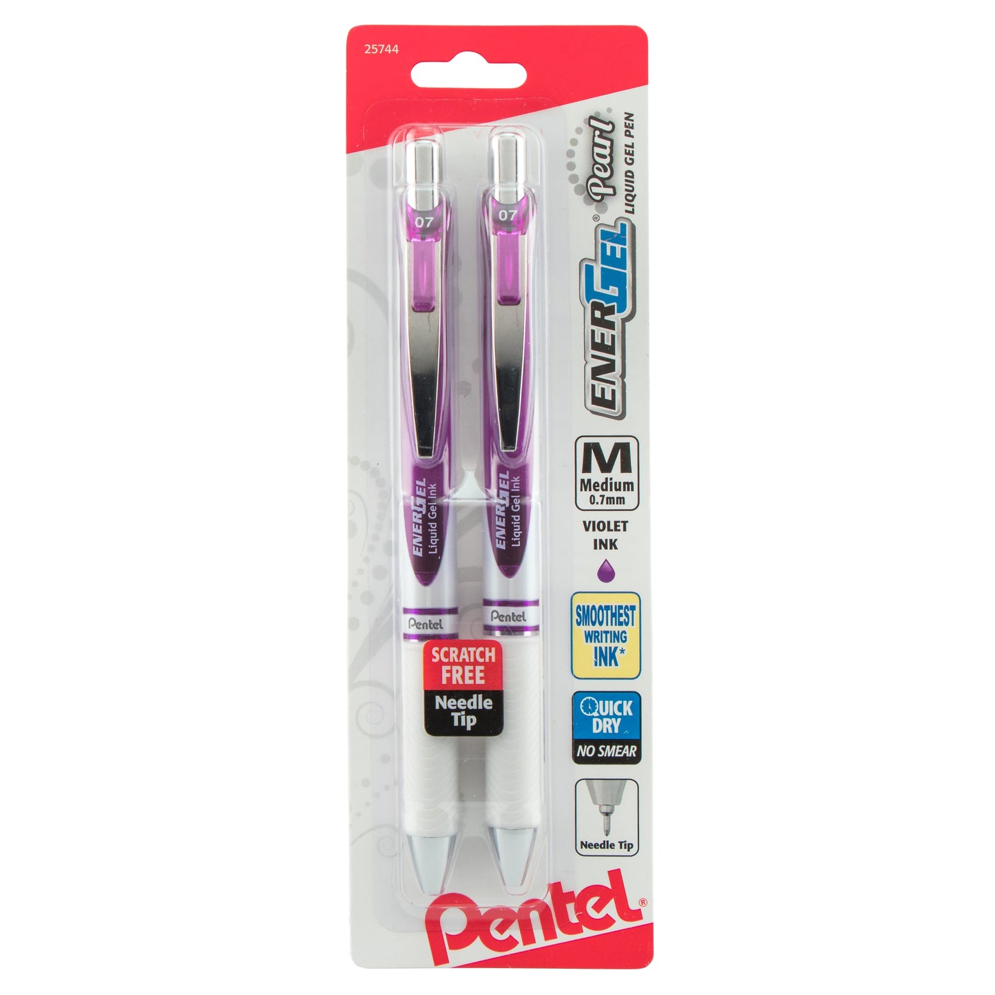 EnerGel Pearl Retractable Liquid Gel Pen, Needle Tip (0.7mm) Medium Line, Violet Ink, 2-Pk (BLN77WBP2V)