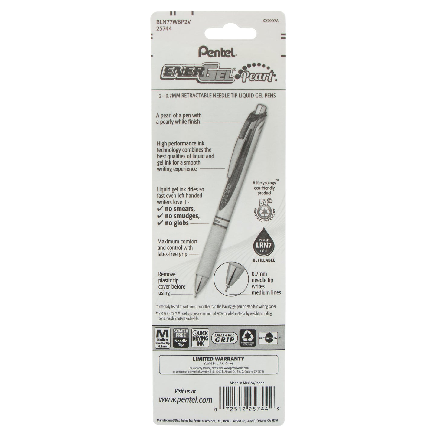 EnerGel Pearl Retractable Liquid Gel Pen, Needle Tip (0.7mm) Medium Line, Violet Ink, 2-Pk (BLN77WBP2V)