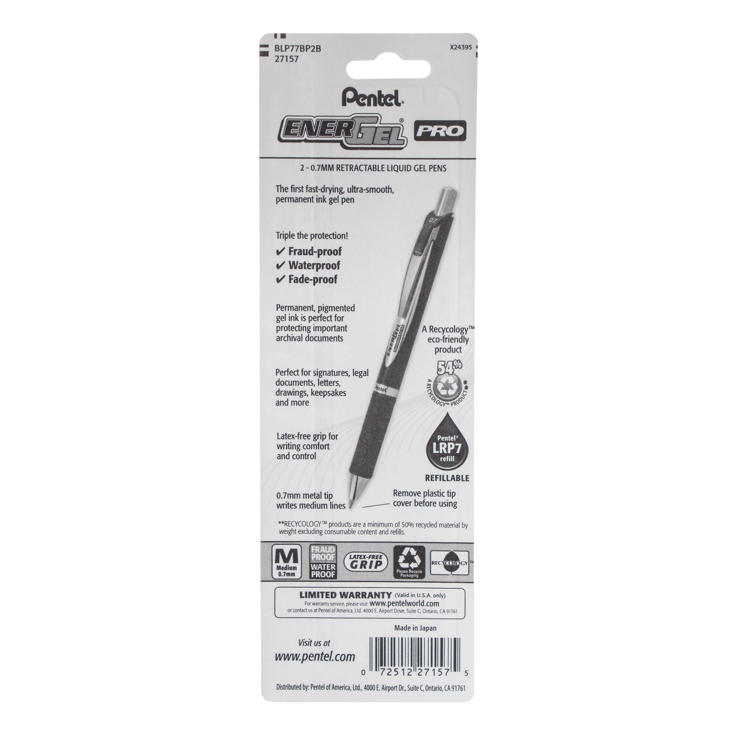 EnerGel PRO Permanent Gel Pen, (0.7mm) Medium Line, Red Ink, 2-Pk (BLP77BP2B)
